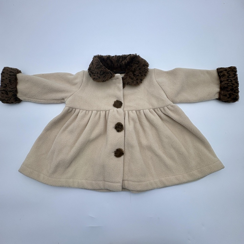Vintage Pete's Partner Coat Girls 9-12 Months Beige‎ Fleece Leopard Trim Winter